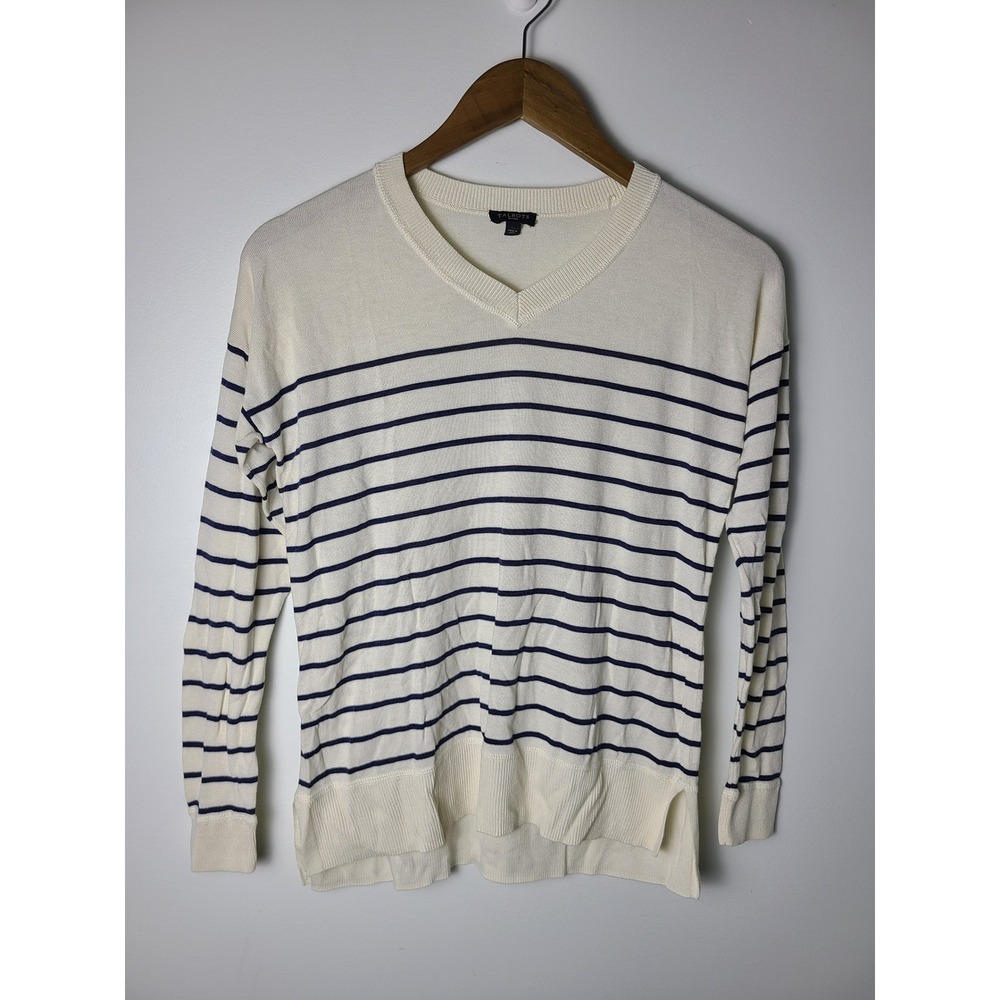 Talbots Sm Petite Cream Navy Blue Striped V-Neck Sweater Breton Sailor Minimal